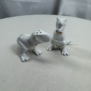 Target T-Rex Dinosaur White Ceramic Salt & Pepper Shakers Gold Bow Ties Retired.